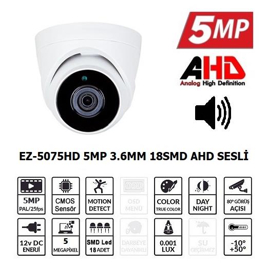 Ezcool Ez-5075Hd 5Mp 3.6Mm Smd Ahd Sesli Dome Kamera